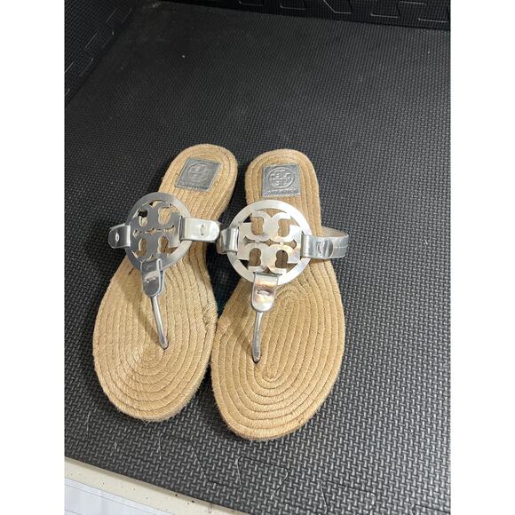 Tory Burch Women's Miller Leather Thong Espadrille Sandals in silver Size 9.5 - Picture 2 of 9